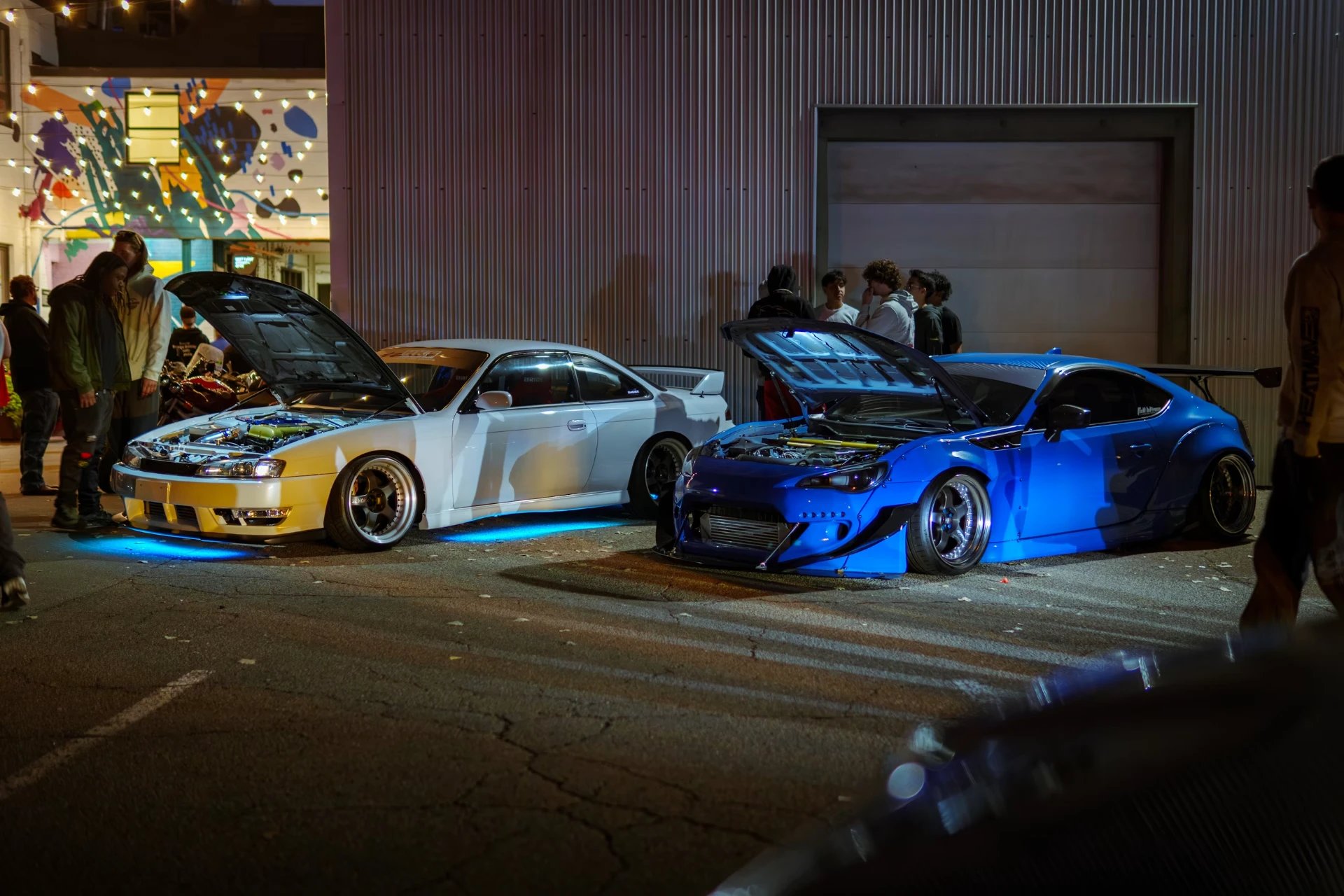 Widebody Nissan Silvia and Toyota 86 at a night car meet